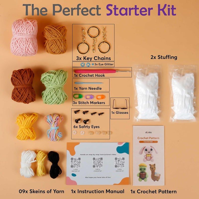 AURA Learn to Crochet Kit for Beginners Kids and Adults, Premium 3 Animal Pattern Large Size Beginner Crochet Kits with Easy Tube Yarn & Step-by-Step Video Tutorials (Safari Friends–Larger Plushies) - Image 5